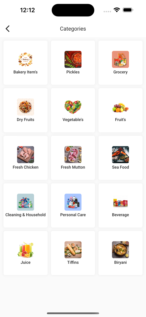 Screenshot della schermata delle categorie nell'app Fresco e Fresco che mostra una griglia di articoli di generi alimentari come panetteria, verdure, carne e cura della persona