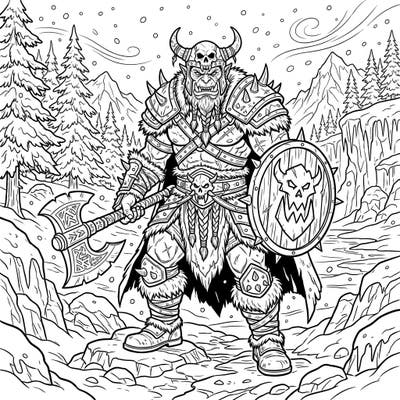 Embark on a frosty fantasy journey with this incredible Orc Berserker coloring page. This detailed design features a formidable warrior amidst a breathtaking snowy landscape, ready for battle.