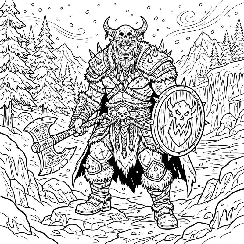 Embark on a frosty fantasy journey with this incredible Orc Berserker coloring page. This detailed design features a formidable warrior amidst a breathtaking snowy landscape, ready for battle.
