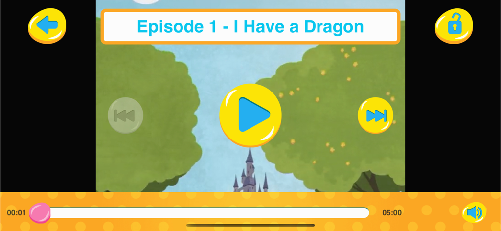 A video player interface from the Helen Doron Stream app featuring an episode titled I Have a Dragon with colorful cartoon graphics for children.