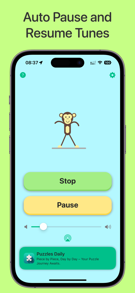 Musical Chairs: Party Games - Musical Chairs app interface showing auto-pause music controls and a dancing monkey animation.