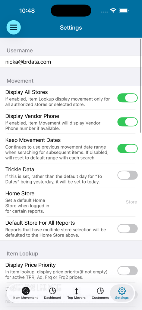 BRdata Cloud - Settings screen of the BRdata Cloud app showing movement and item lookup configuration options for grocery retail management