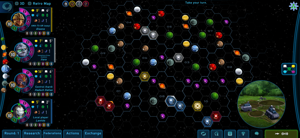 Gaia Project - Digital interface of Gaia Project showing the hexagonal space map and player factions