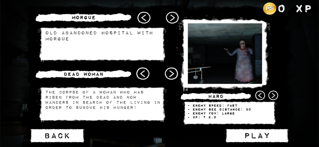 Menú del juego Horror Hospital 2 que muestra la ubicación de la morgue y la descripción del enemigo de una mujer muerta