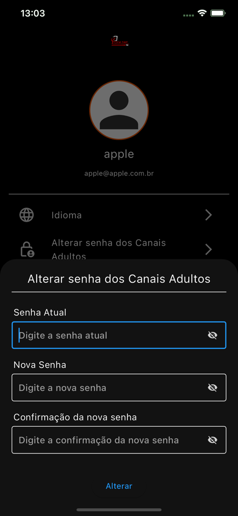 Cine Net TV settings interface showing a password change form for restricted content in Portuguese