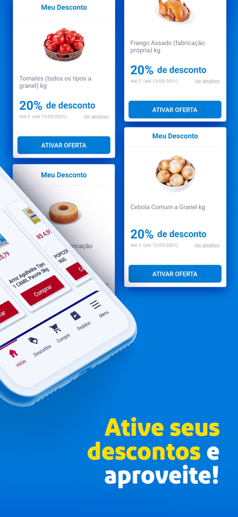 Clube Extra app screen showing personalized twenty percent grocery discounts and activation buttons.