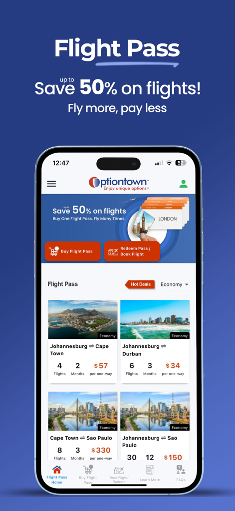 Interfaccia dell'app mobile Optiontown con risparmi sul Flight Pass e varie opzioni di offerte di voli