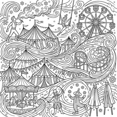 Experience the magic where frosty blizzards meet the dazzling fun of a carnival in this unique coloring page. Unleash your creativity by adding vibrant colors to circus tents, performers, and swirling snowflakes.