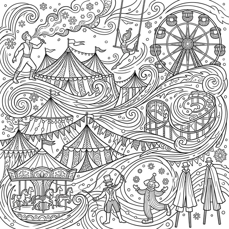 Experience the magic where frosty blizzards meet the dazzling fun of a carnival in this unique coloring page. Unleash your creativity by adding vibrant colors to circus tents, performers, and swirling snowflakes.