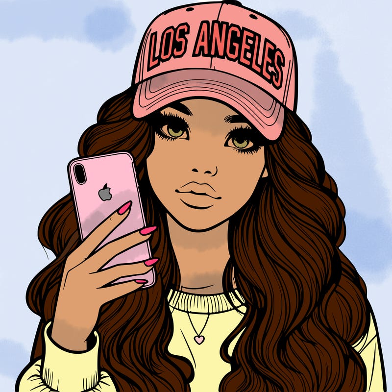 realistic beautiful girl wearing los ángeles cap holding an iphone