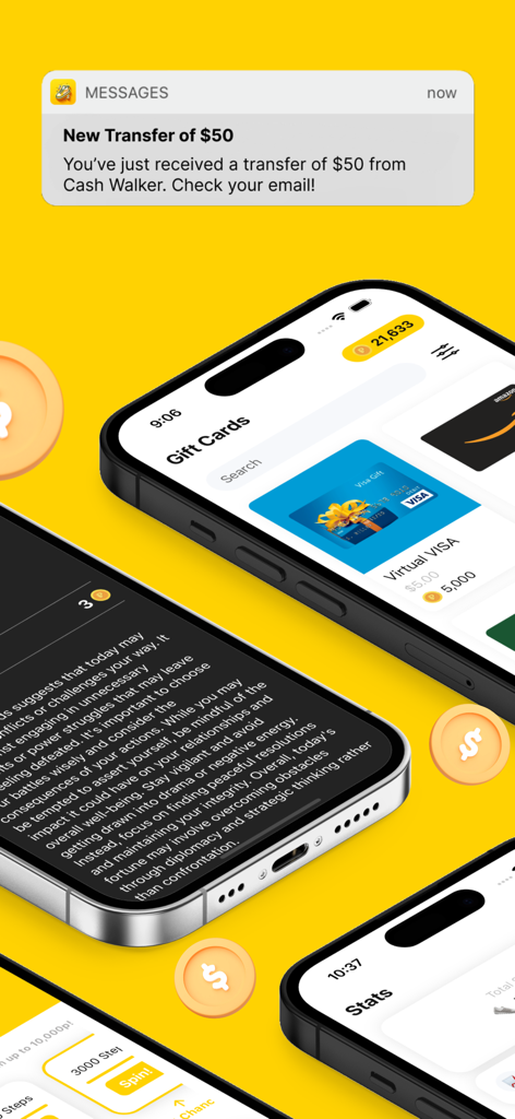 Money Bunny: Step Counter&Earn - Una interfaz de aplicación móvil que muestra tarjetas de regalo digitales y una notificación de transferencia de efectivo por recompensas por caminar