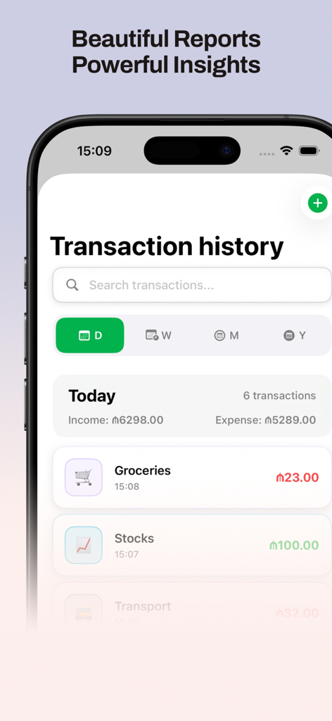 CashCoach - Finance Tracker - Schermata della cronologia delle transazioni nell'app tracker finanziario CashCoach che mostra entrate e uscite giornaliere.