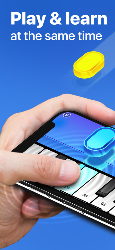 Hello Piano: Learn Pro Lessons - Persona che suona una lezione di pianoforte gamificata su un dispositivo mobile