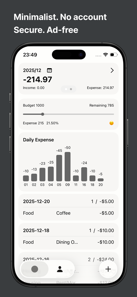 SnapKoin: Fast Expense Tracker - SnapKoin app interface showing daily expense chart and budget tracking