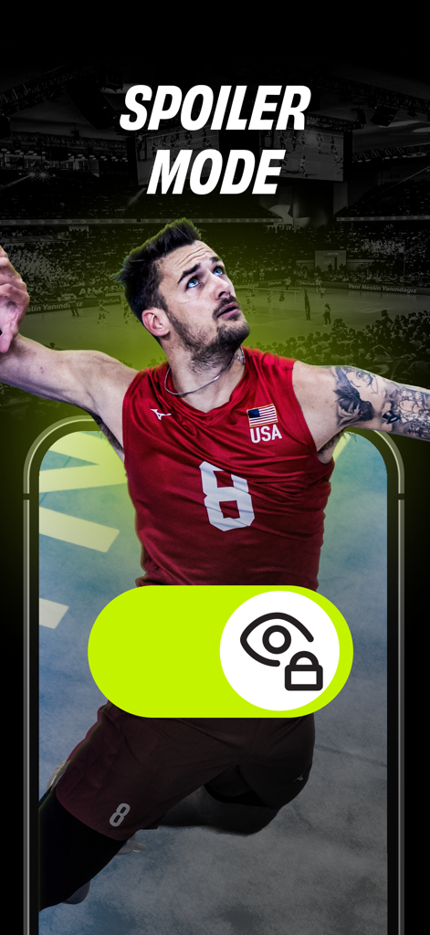 VBTV app screenshot showing the spoiler mode toggle feature to hide match results for volleyball fans