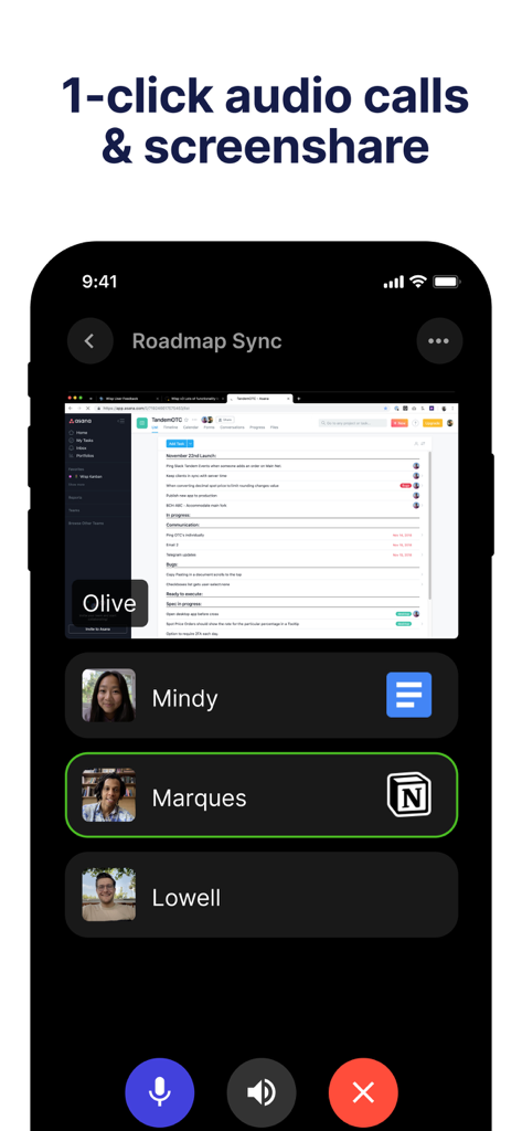 Tandem Chat - Tandem Chat mobile interface showing a screenshare during an audio call with remote teammates