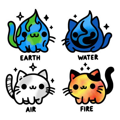 4 cats that represent the different elements, earth, water, air, and fire