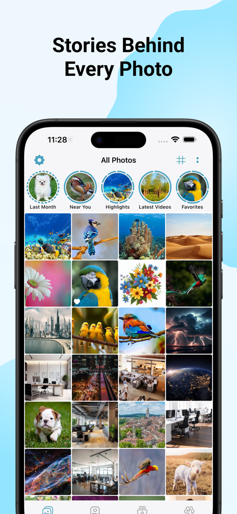 Pantalla de smartphone mostrando la vista de historias y la cuadrícula de fotos de la aplicación Gallery Photo Locker