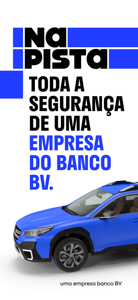 NaPista: comprar carros - Tela promocional do aplicativo de compra de carros NaPista com um SUV azul e a marca de segurança do Banco BV