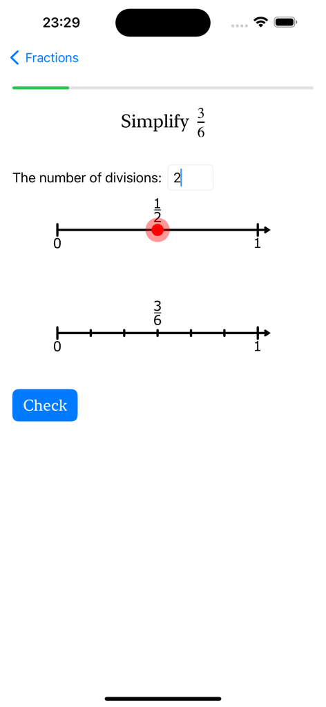 Fraction Steps: Learn Visually - A math lesson simplifying three-sixths to one-half using visual number lines.