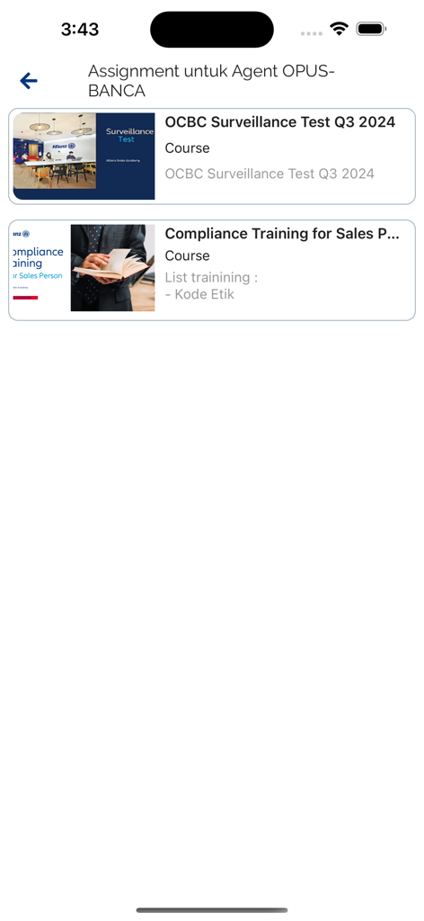 Allianz Learn - A list of assigned professional training courses including compliance and surveillance tests on the Allianz Learn app.