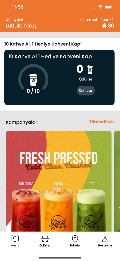 Gloria Jean’s Coffees N.Cyprus - Application Gloria Jeans Coffees Northern Cyprus montrant la progression des timbres de fidélité et les promotions de jus fraîchement pressés