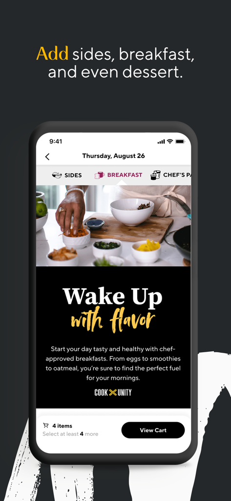CookUnity mobile app interface showing chef-prepared breakfast meal options including eggs smoothies and oatmeal