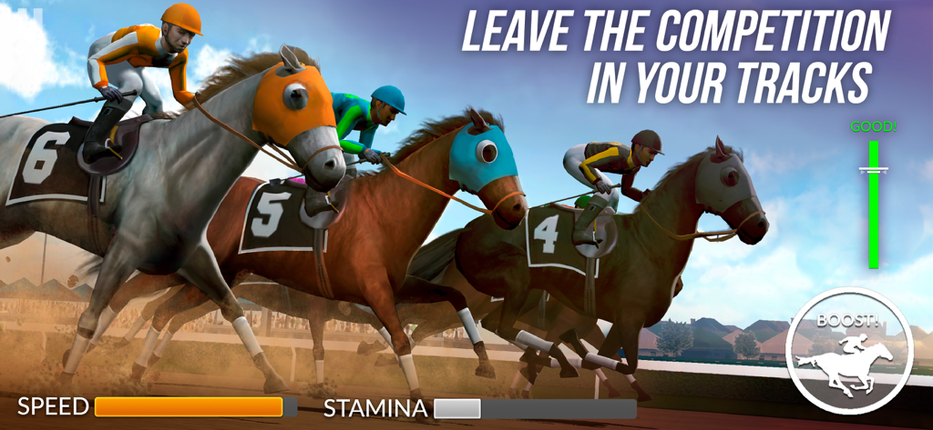 Photo Finish Horse Racing - Jockeys on horses competing in a race with speed and stamina indicators