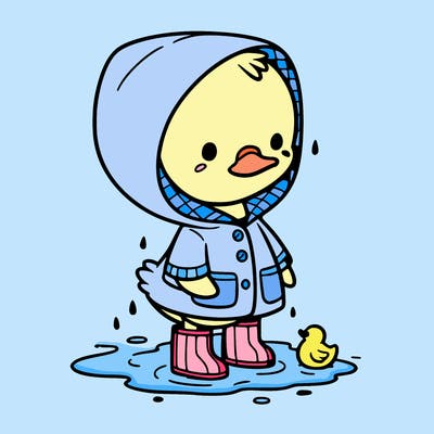 baby duck in a rain coat and boots, in a puddle while it’s raining