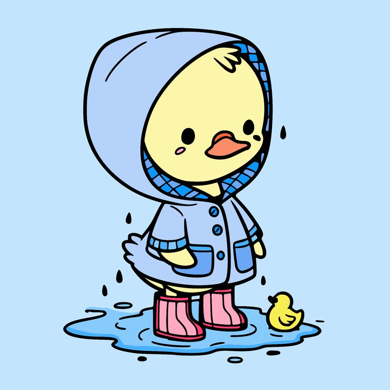 baby duck in a rain coat and boots, in a puddle while it’s raining