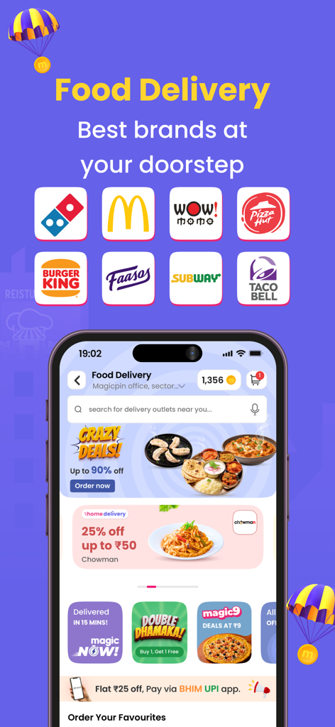 Uma tela promocional para o aplicativo magicpin destacando serviços de entrega de comida com logotipos de marcas populares e ofertas de desconto