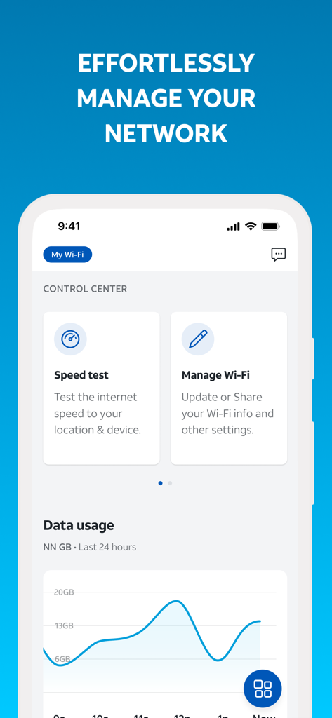 AT&T Smart Home Manager app dashboard showing speed test options and a network data usage graph