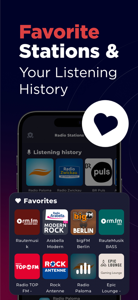 Pantalla de la aplicación que muestra las estaciones de radio alemanas favoritas y la función de historial de escucha.