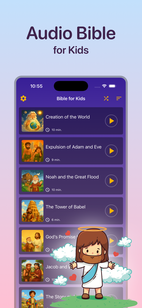 A mobile app screen showing a list of illustrated Bible audio stories for children with play buttons and duration times.