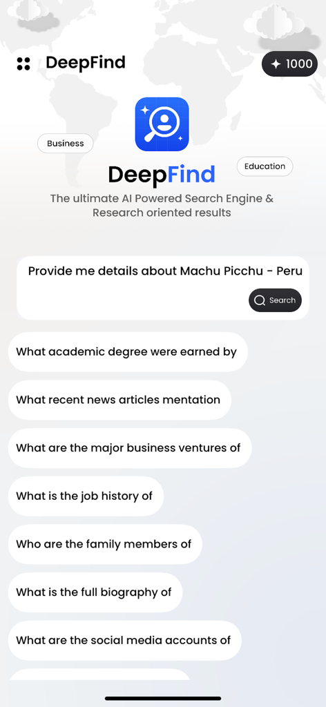 Interface of DeepFind AI Search Assistant showing research query suggestions and a search bar for deep information discovery