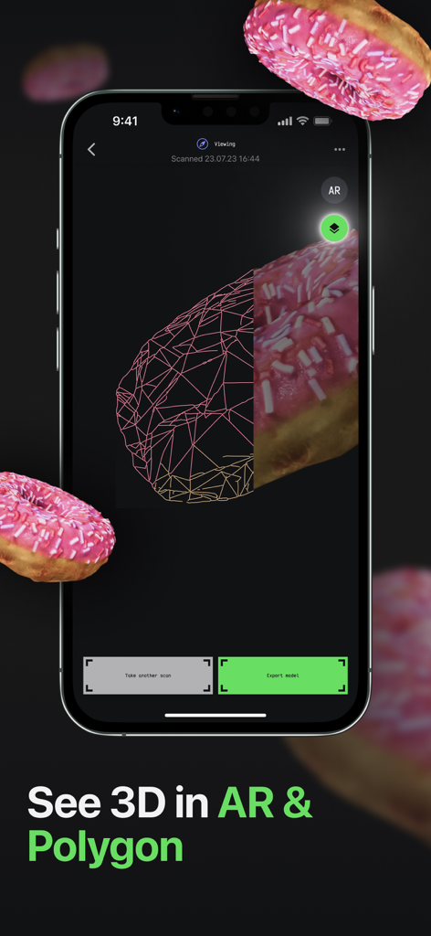 MagiScan app interface showing a 3D scanned pink donut with a split view between wireframe polygon and realistic texture