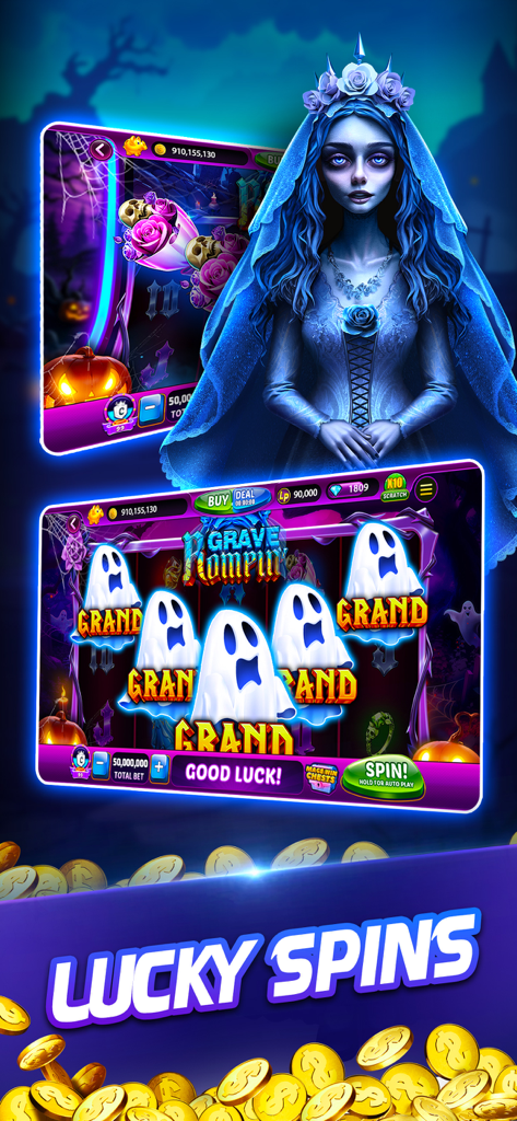 Interface do jogo Lotsa Slots mostrando a máquina Grave Rompin com jackpots de fantasmas e uma personagem de noiva gótica