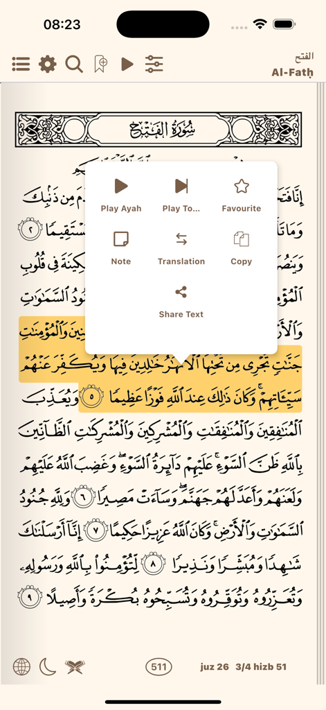 Mushaf - Mushaf app showing a selected Quran verse with a menu for recitation translation and sharing options