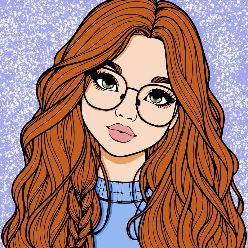 girl with long hair and freckles and glasses realistic