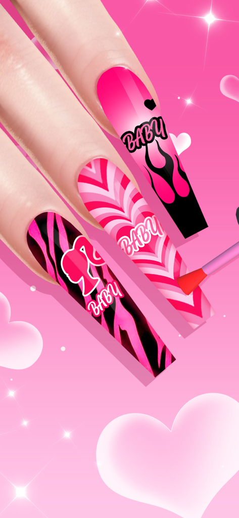 Nail Salon - Girl Art Game - 모바일 네일 살롱 게임에서 예술적인 패턴이 있는 상세한 핑크색과 검은색 네일 디자인