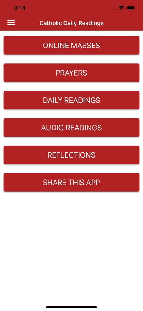 Main menu of the Catholic Daily Readings app with buttons for Online Masses, Prayers, Daily Readings, and Reflections.