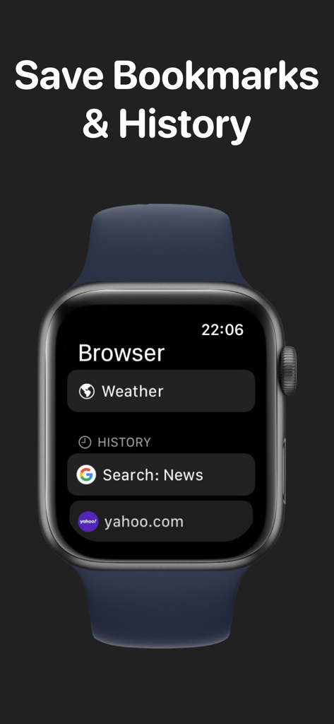 UBrowser: Watch Web Browser - Apple Watch displaying the UBrowser interface with saved bookmarks and browsing history.