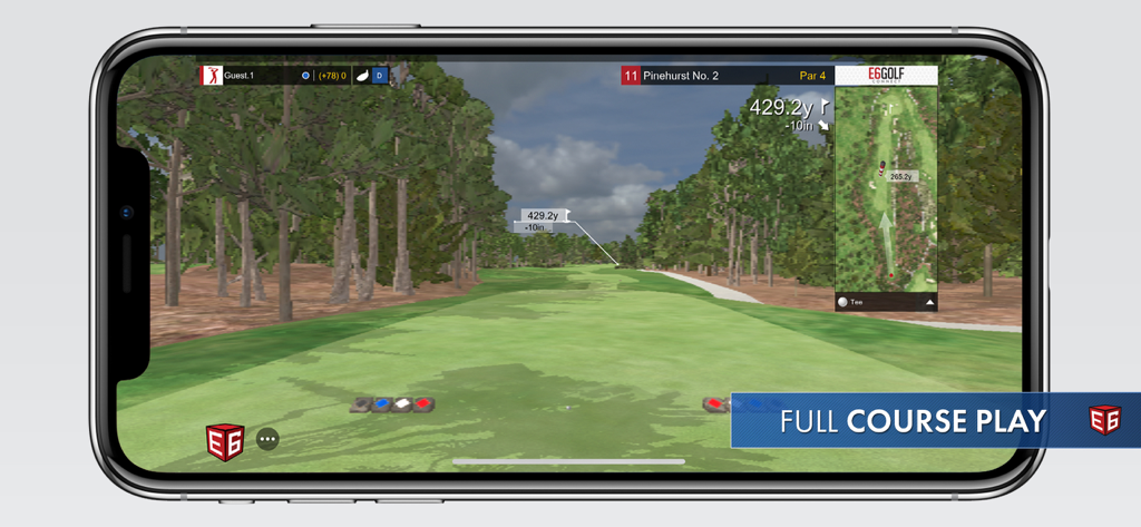 E6 CONNECT mobile golf simulator app showing a 3D recreation of Pinehurst No 2 fairway on an iPhone