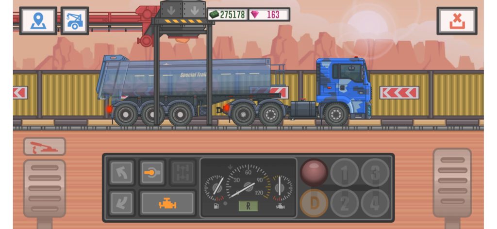 Un camion bleu avec une remorque spéciale en cours de chargement sous une grue dans un décor désertique 2D avec une interface de tableau de bord détaillée.