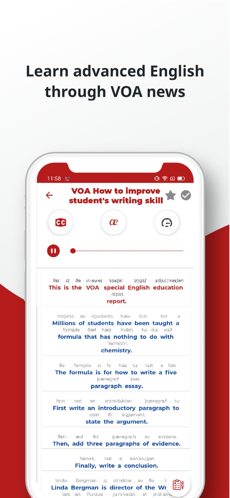 English ー Listening・Speaking - Interfaz de una aplicación de aprendizaje de inglés que muestra una lección de noticias de VOA con transcripción fonética y controles de audio.