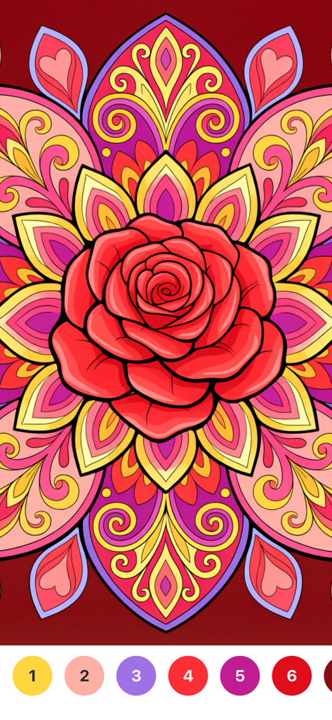 Ein detailliertes rotes Rosen-Mandala, das mit einer Malen-nach-Zahlen-Palette in der Zendala Color App ausgemalt wird.