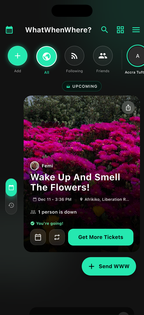 WhatWhenWhere? - Screenshot of the WhatWhenWhere app showing an upcoming event card with ticketing and RSVP options
