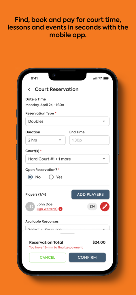 Dill Dinkers Indoor Pickleball - Mobile app interface showing a pickleball court reservation screen with booking details and payment options