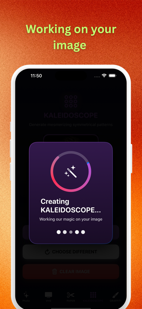 Beauty Photo Effect - Beauty Photo Effect app processing a kaleidoscope filter on an iPhone screen