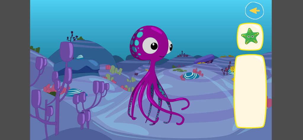 Un pulpo morado de dibujos animados de colores en una escena submarina de la aplicación Cleo y Cuquín.